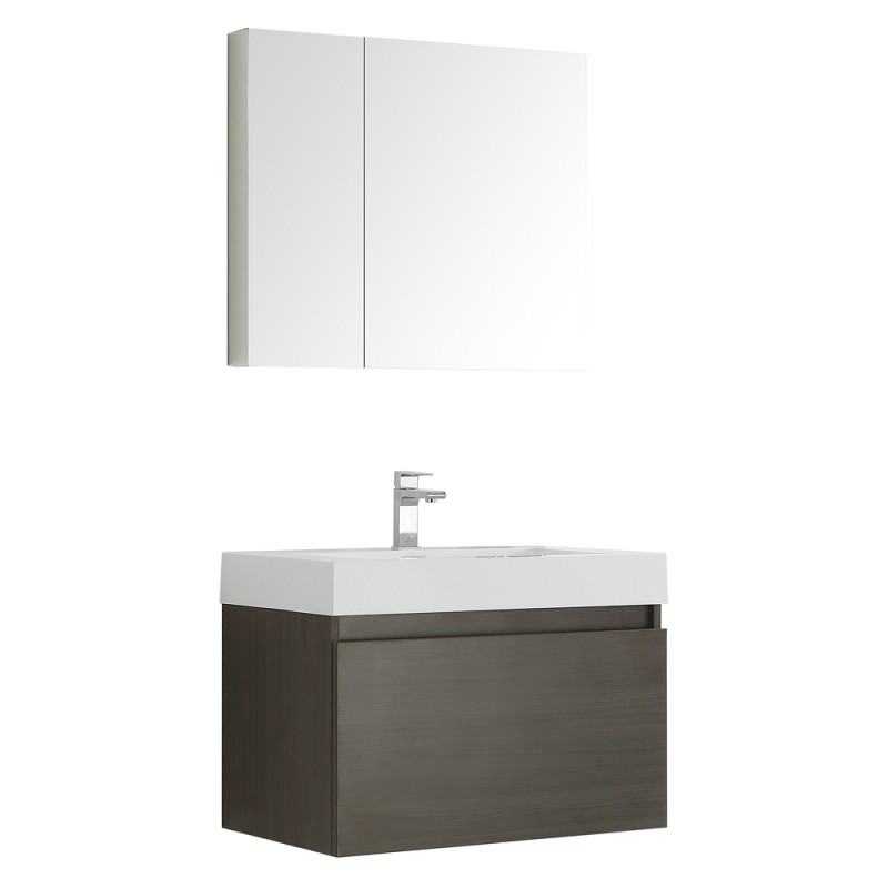 Fresca Mezzo 30 Gray Oak Wall Hung Modern Bathroom Vanity w/ Medicine Cabinet