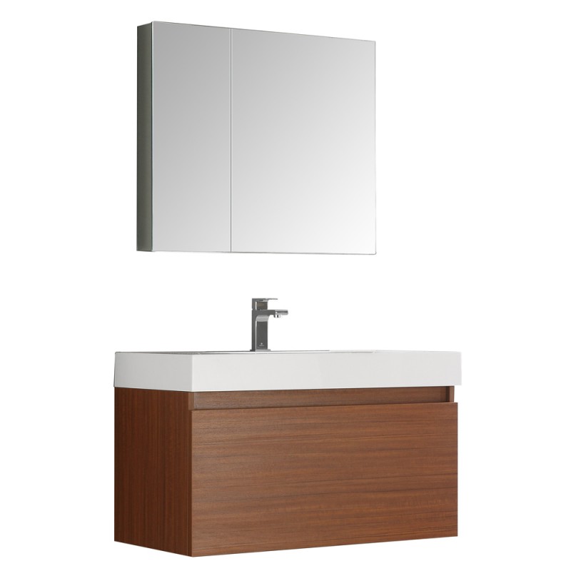 Fresca Mezzo 36 Teak Wall Hung Modern Bathroom Vanity w/ Medicine Cabinet