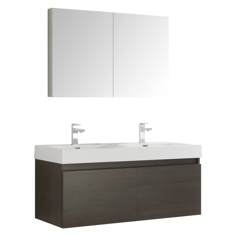 Fresca Mezzo 48 Gray Oak Wall Hung Double Sink Modern Bathroom Vanity w/ Medicine Cabinet