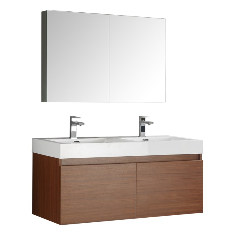 Fresca Mezzo 48 Teak Wall Hung Double Sink Modern Bathroom Vanity w/ Medicine Cabinet