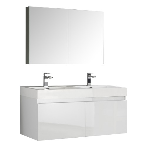 Fresca Mezzo 48 White Wall Hung Double Sink Modern Bathroom Vanity w/ Medicine Cabinet