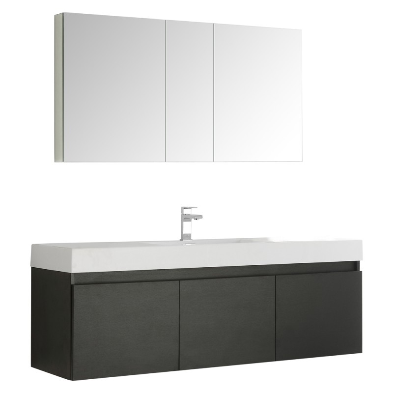 Fresca Mezzo 60 Black Wall Hung Single Sink Modern Bathroom Vanity w/ Medicine Cabinet