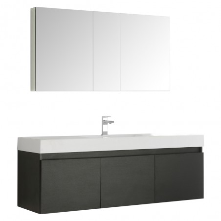 Fresca Mezzo 60 Black Wall Hung Single Sink Modern Bathroom Vanity w/ Medicine Cabinet