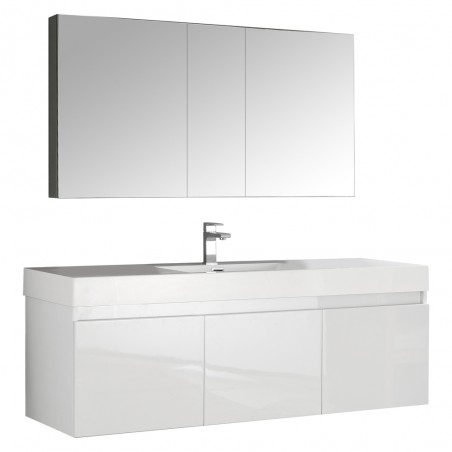 Fresca Mezzo 60 White Wall Hung Single Sink Modern Bathroom Vanity w/ Medicine Cabinet