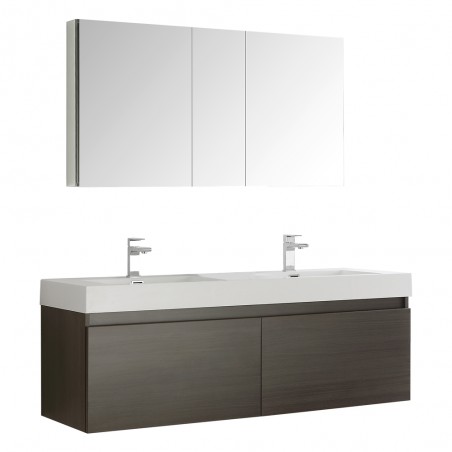 Fresca Mezzo 60 Gray Oak Wall Hung Double Sink Modern Bathroom Vanity w/ Medicine Cabinet