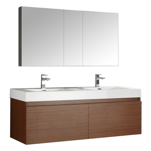 Fresca Mezzo 60 Teak Wall Hung Double Sink Modern Bathroom Vanity w/ Medicine Cabinet