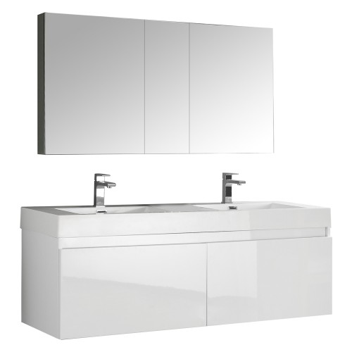 Fresca Mezzo 60 White Wall Hung Double Sink Modern Bathroom Vanity w/ Medicine Cabinet