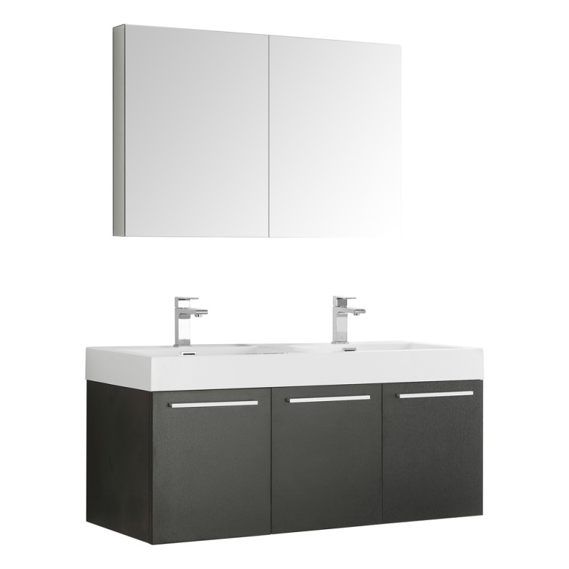 Fresca Vista 48 Black Wall Hung Double Sink Modern Bathroom Vanity w/ Medicine Cabinet