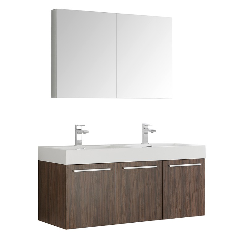 Fresca Vista 48 Walnut Wall Hung Double Sink Modern Bathroom Vanity w/ Medicine Cabinet