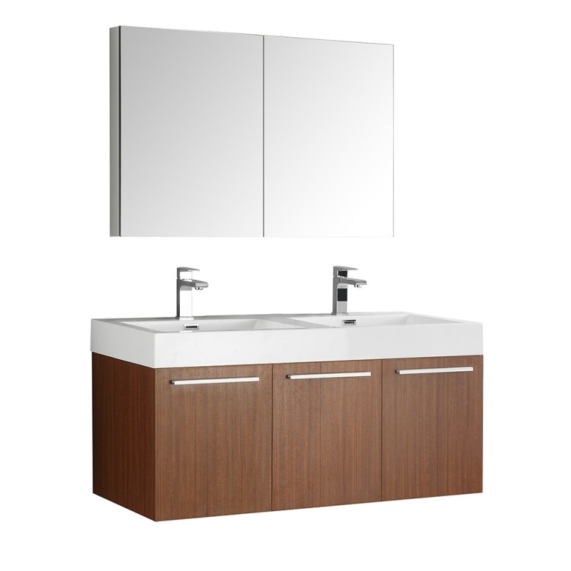 Fresca Vista 48 Teak Wall Hung Double Sink Modern Bathroom Vanity w/ Medicine Cabinet