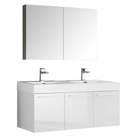 Fresca Vista 48 White Wall Hung Double Sink Modern Bathroom Vanity w/ Medicine Cabinet