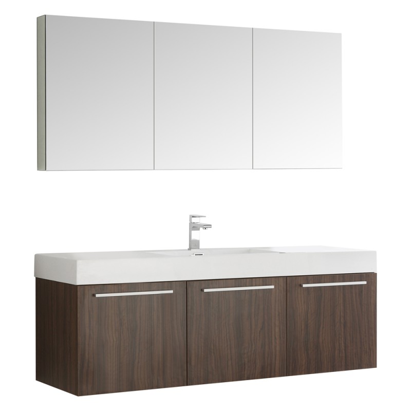 Fresca Vista 60 Walnut Wall Hung Single Sink Modern Bathroom Vanity w/ Medicine Cabinet