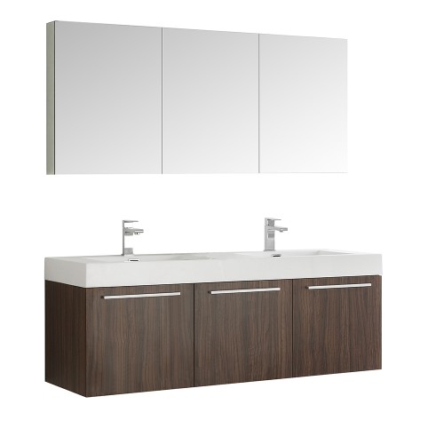 Fresca Vista 60 Walnut Wall Hung Double Sink Modern Bathroom Vanity w/ Medicine Cabinet