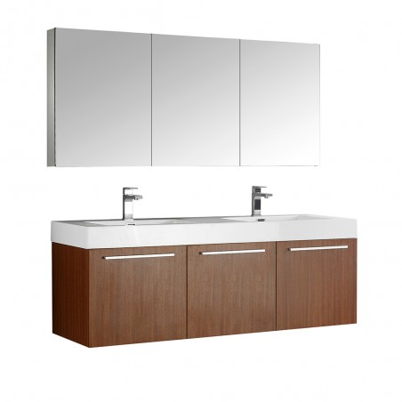 Fresca Vista 60 Teak Wall Hung Double Sink Modern Bathroom Vanity w/ Medicine Cabinet