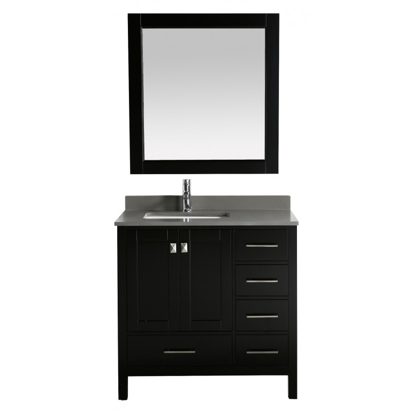 London 36" Vanity in Espresso with Quartz Vanity Top in Gray with White Basin and Mirror