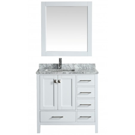 London 36" Vanity in White with Marble Vanity Top in Carrera White with White Basin and Mirror