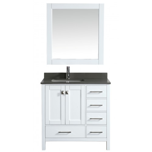 London 36" Vanity in White with Quartz Vanity Top in Gray with White Basin and Mirror