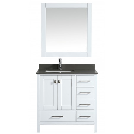 London 36" Vanity in White with Quartz Vanity Top in Gray with White Basin and Mirror