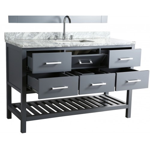 London 54" Single Sink Vanity Set in Gray with White Carrera Marble Top