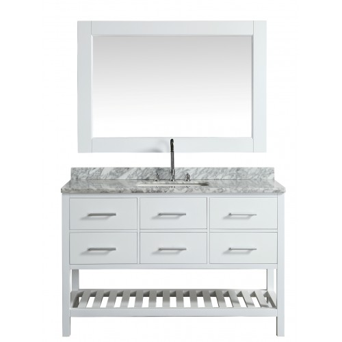 London 54" Single Sink Vanity Set in White with White Carrera Marble Top