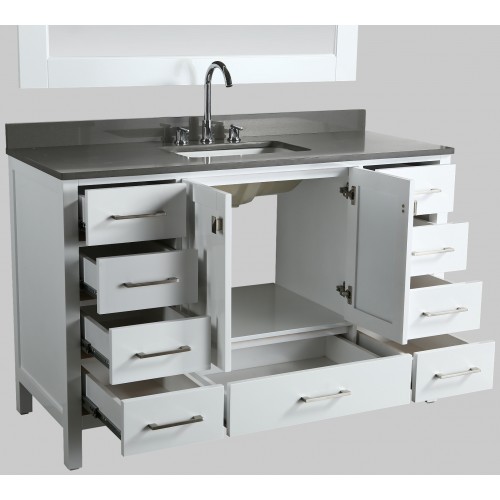 London 54" Vanity in White with Quartz Vanity Top in Gray with White Basin and Mirror