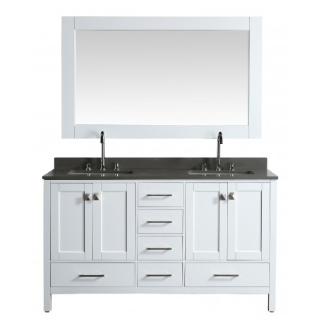 London 60" Vanity in White with Quartz Vanity Top in Gray with White Basin and Mirror