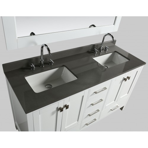 London 60" Vanity in White with Quartz Vanity Top in Gray with White Basin and Mirror