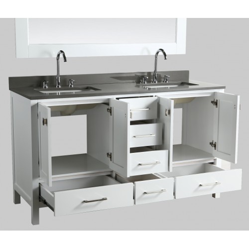 London 60" Vanity in White with Quartz Vanity Top in Gray with White Basin and Mirror