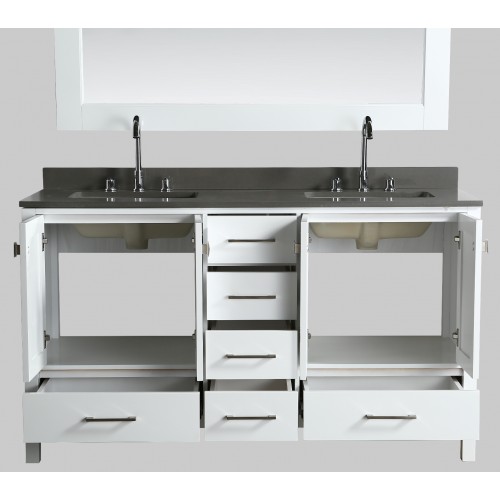 London 60" Vanity in White with Quartz Vanity Top in Gray with White Basin and Mirror