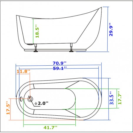 71" WHITE ACRYLIC TUB - NO FAUCET