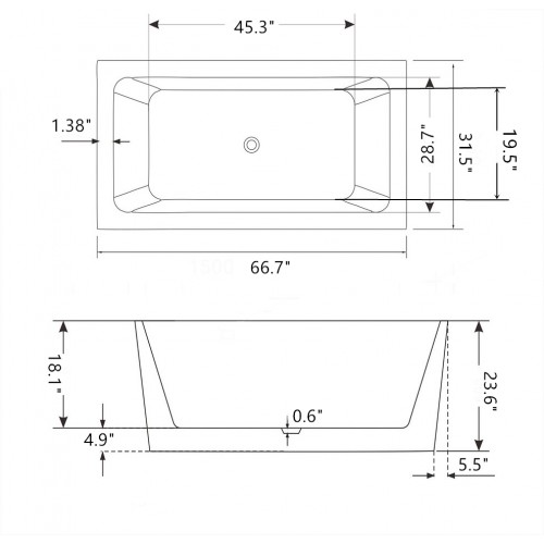 67" WHITE ACRYLIC TUB - NO FAUCET