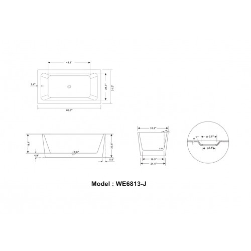 67" WHITE ACRYLIC TUB - NO FAUCET