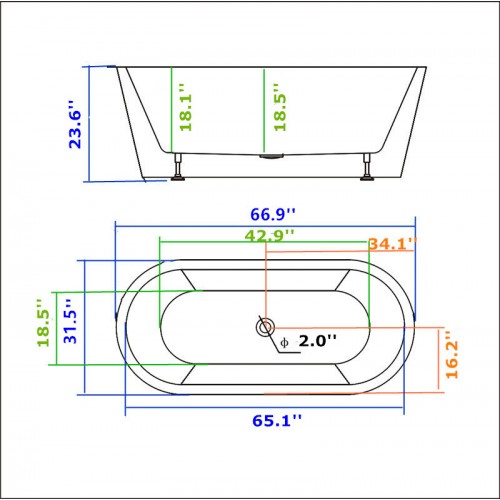 67.3" WHITE ACRYLIC TUB - NO FAUCET