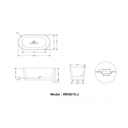 67.3" WHITE ACRYLIC TUB - NO FAUCET