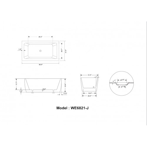 67" WHITE ACRYLIC TUB - NO FAUCET