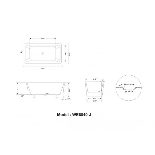 67" WHITE ACRYLIC TUB - NO FAUCET