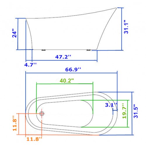 67" WHITE ACRYLIC TUB - NO FAUCET