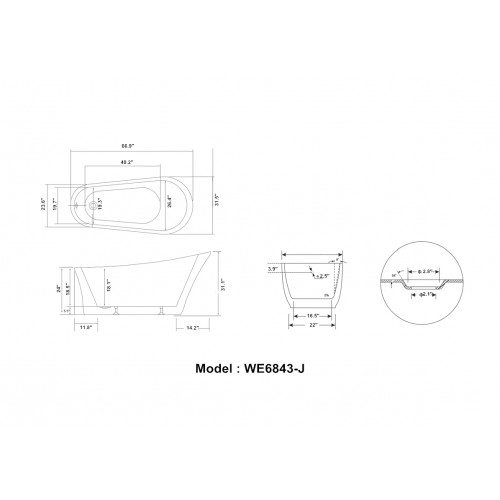 67" WHITE ACRYLIC TUB - NO FAUCET