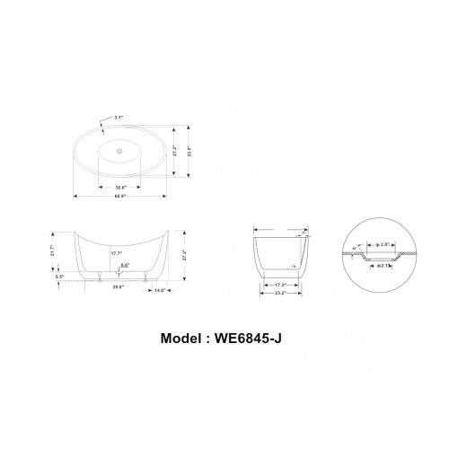 69" WHITE ACRYLIC TUB - NO FAUCET