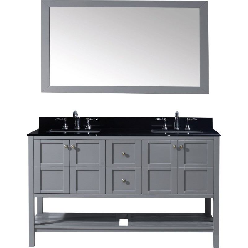 Winterfell 60" Double Bathroom Vanity in Grey with Black Galaxy Granite Top and Square Sink with Mirror