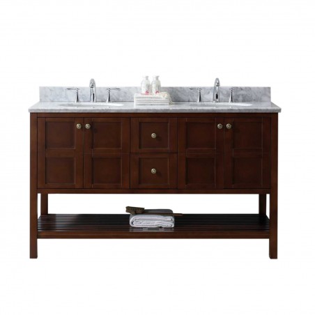 Winterfell 60" Double Bathroom Vanity in Cherry with Marble Top and Round Sink 