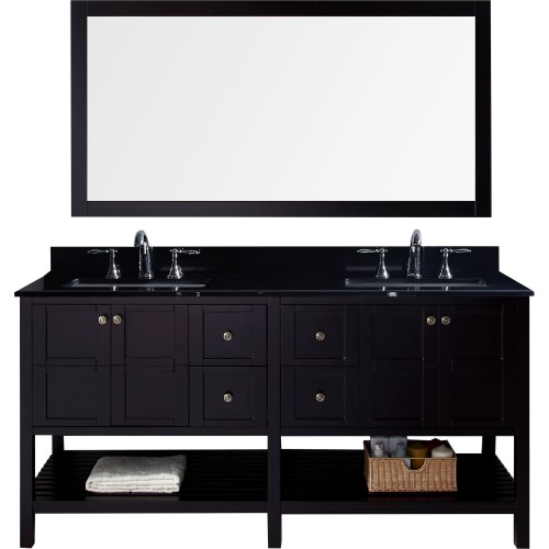 Winterfell 72" Double Bathroom Vanity in Espresso with Black Galaxy Granite Top and Square Sink with Mirror