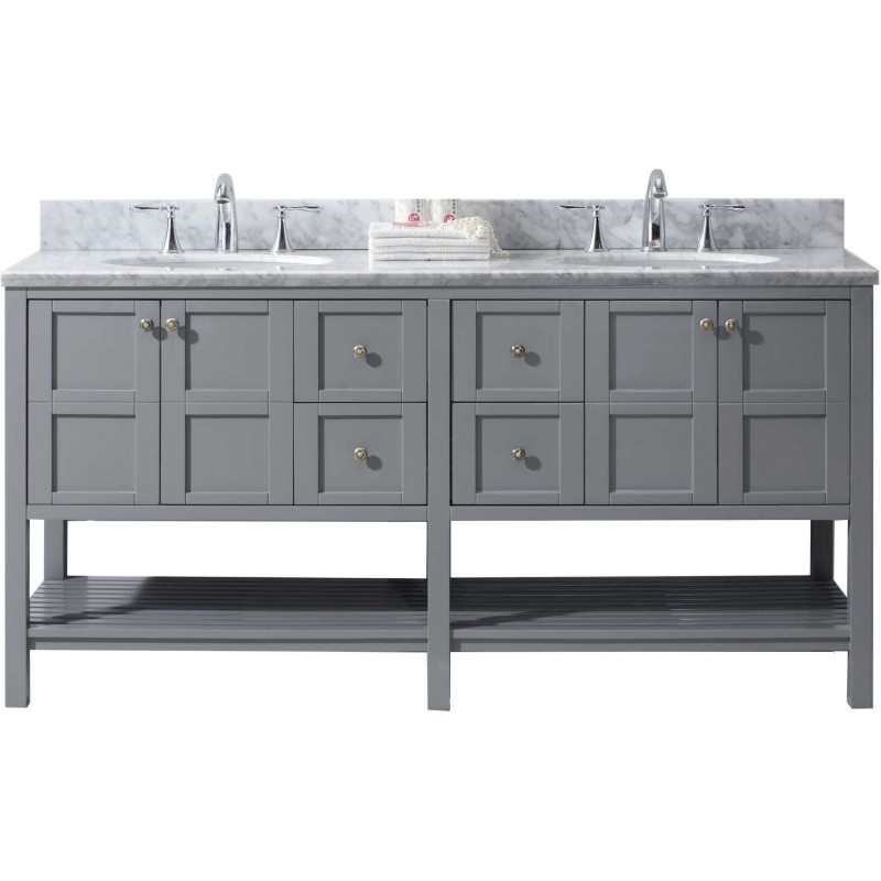 Winterfell 72" Double Bathroom Vanity in Grey with Marble Top and Round Sink with Mirror