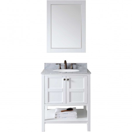 Winterfell 30" Single Bathroom Vanity in White with Marble Top and Round Sink with Mirror