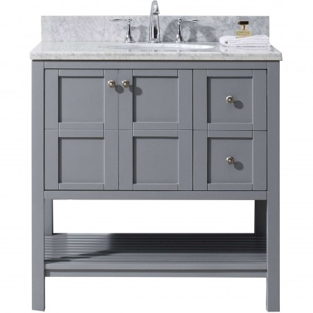 Winterfell 36" Single Bathroom Vanity in Grey with Marble Top and Round Sink with Mirror