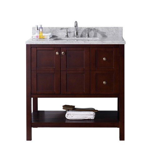 Winterfell 36" Single Bathroom Vanity in Cherry with Marble Top and Square Sink with Mirror