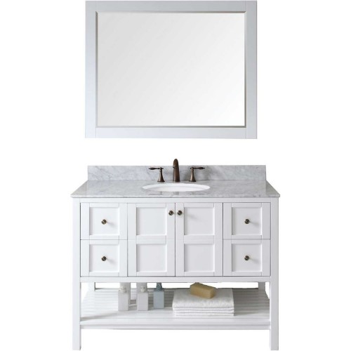 Winterfell 48" Single Bathroom Vanity in White with Marble Top and Round Sink with Mirror