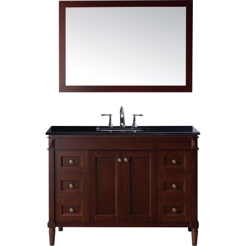 Tiffany 48" Single Bathroom Vanity in Cherry with Black Galaxy Granite Top and Square Sink with Mirror