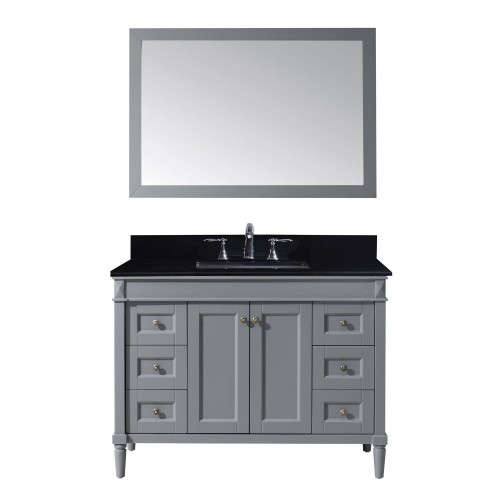 Tiffany 48" Single Bathroom Vanity in Grey with Black Galaxy Granite Top and Square Sink with Mirror