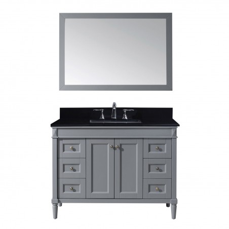 Tiffany 48" Single Bathroom Vanity in Grey with Black Galaxy Granite Top and Square Sink with Mirror